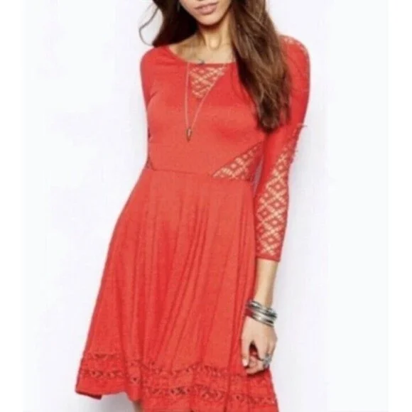 Free People To The Point Dress with Lace Cut Outs size Small Eyelet Long Sleeve - Picture 1 of 8